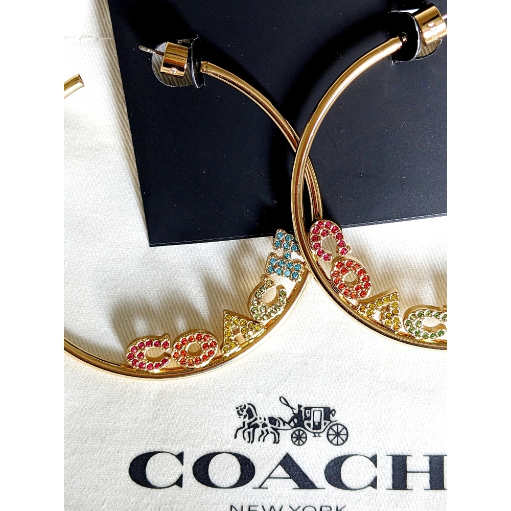 NWT, Coach Gold, & RAINBOW Multicolor Hoop Earrings 2¼" - Picture 6 of 12